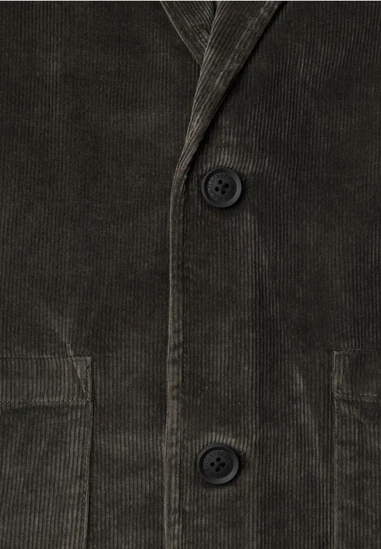 Dunkelgraue Cord-Feinstrukturjacke mit zwei Knöpfen und aufgesetzten Taschen