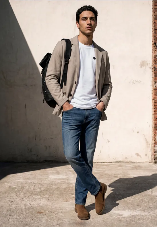 Mann in Jeans, weißem T-Shirt, beiger Jacke und braunen Schuhen steht vor einer Wand mit Rucksack.
