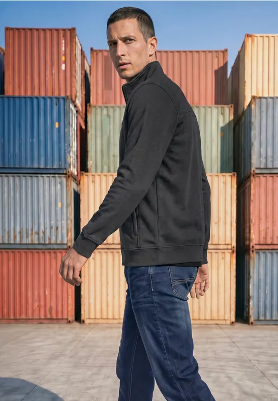 Ein Mann in schwarzer Jacke und Jeans steht seitlich vor bunten Containern.