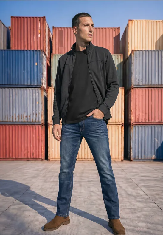 Ein Mann steht vor bunten Frachtcontainern, trägt Jeans, schwarze Jacke und Wildlederstiefel auf einer Betonfläche.