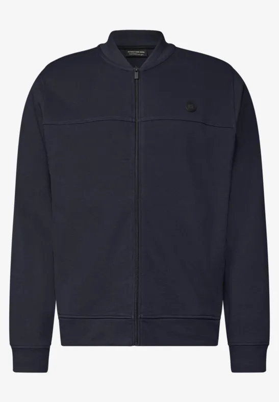 Dunkelblaue, schlichte Zipjacke mit Stehkragen, Rippbündchen und dezentem Logo auf der Brust