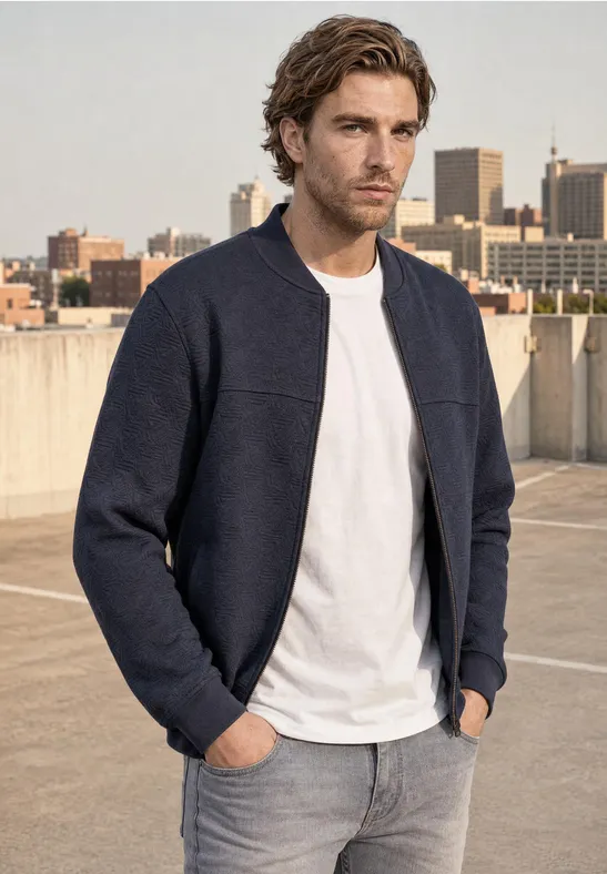 Homme en bomber bleu marine et t-shirt blanc sur un parking en ville avec arrière-plan urbain.