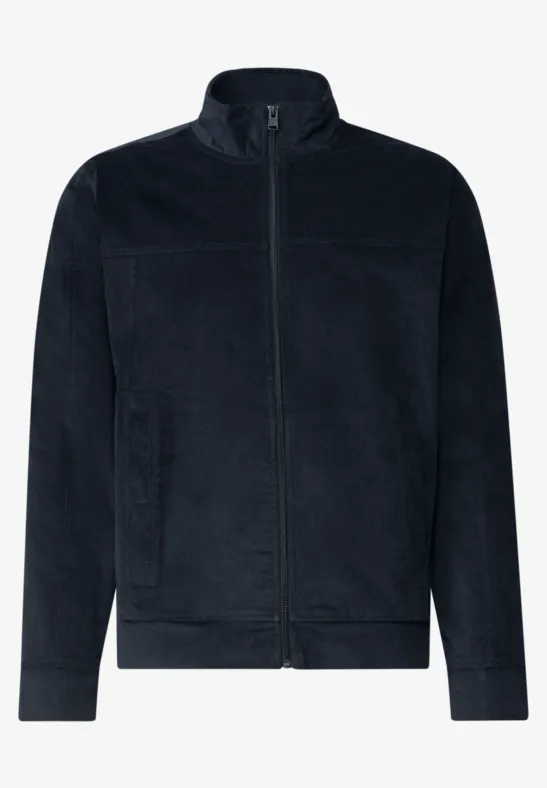 Dunkelblaue Fleecejacke mit durchgehendem Reißverschluss, Stehkragen und praktischen Seitentaschen.