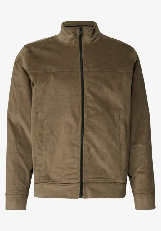 Klassische olivgrüne Cordjacke mit Stehkragen und Reißverschluss, lange Ärmel, gerade Passform.