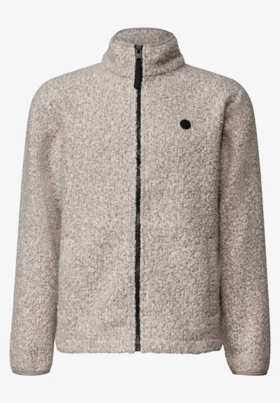 Beige Teddy-Fleece-Jacke mit Stehkragen, durchgehendem Reißverschluss und kleinem Rundlogo.