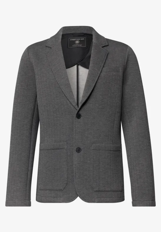 Grauer Herren-Blazer mit zwei Knöpfen, Reverskragen und aufgesetzten Taschen, zeitloses Design.