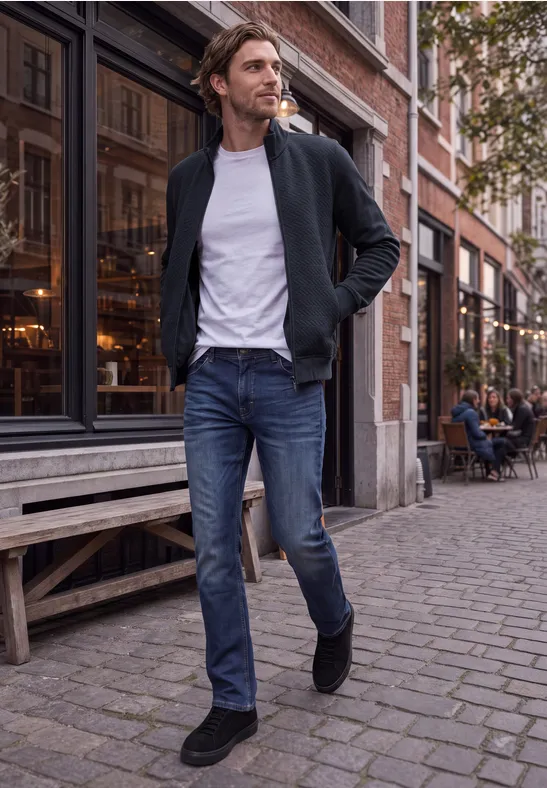 Ein Mann in Jeans und weißem T-Shirt spaziert in lockerer Jacke über eine Kopfsteinpflasterstraße mit Cafés.