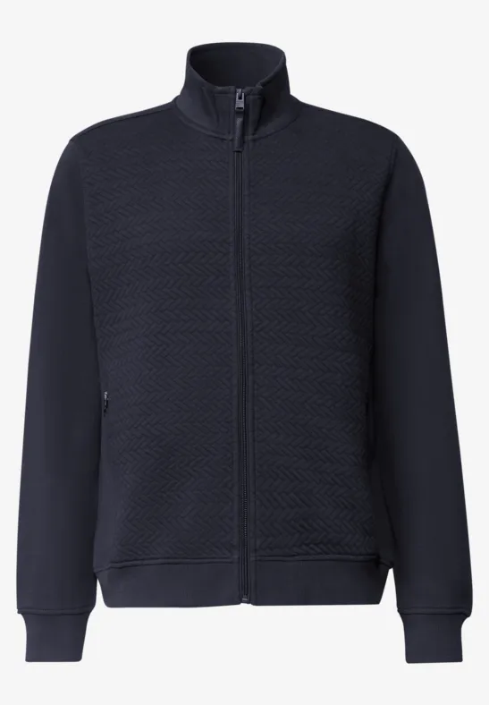 Dunkelblaue, gesteppte Jacke mit Reißverschluss, Stehkragen, langen Ärmeln und Seitentaschen.