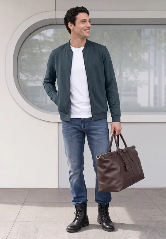 Ein Mann in Jacke, Jeans und Stiefeln trägt eine braune Ledertasche und steht vor einem Gebäude.