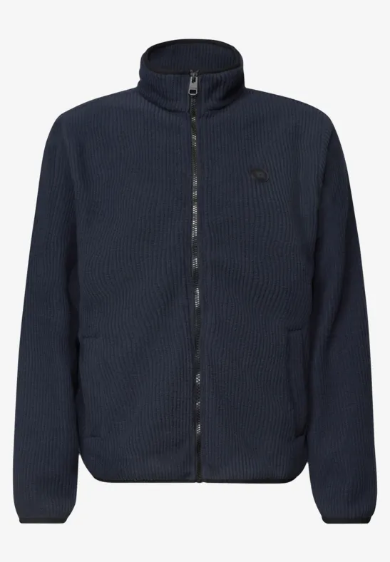 Dunkelblaue Fleecejacke mit Stehkragen, durchgehendem Reißverschluss und seitlichen Taschen.