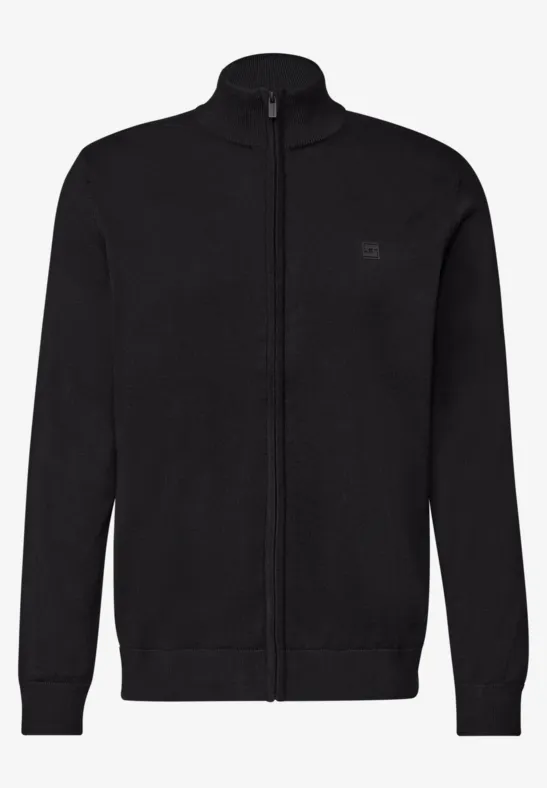 Schwarze Strickjacke mit durchgehendem Reißverschluss und Stehkragen.