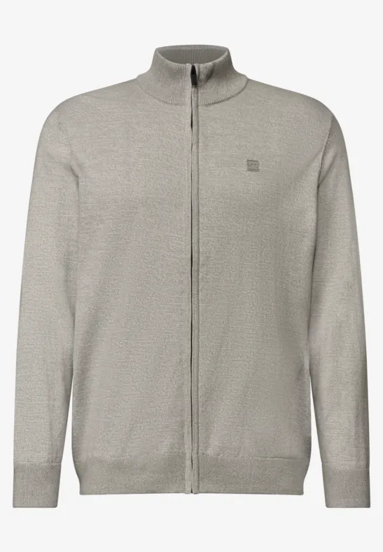 Hellgraue Strickjacke mit Reißverschluss und Stehkragen