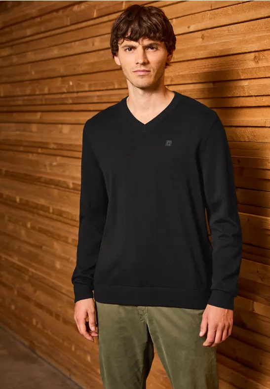 Basic V-Neck Strickpullover Black