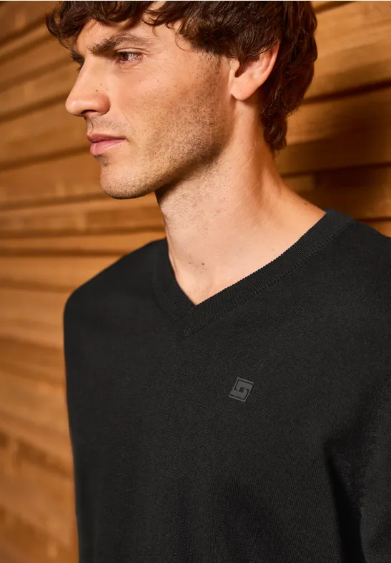 Basic V-Neck Strickpullover Black