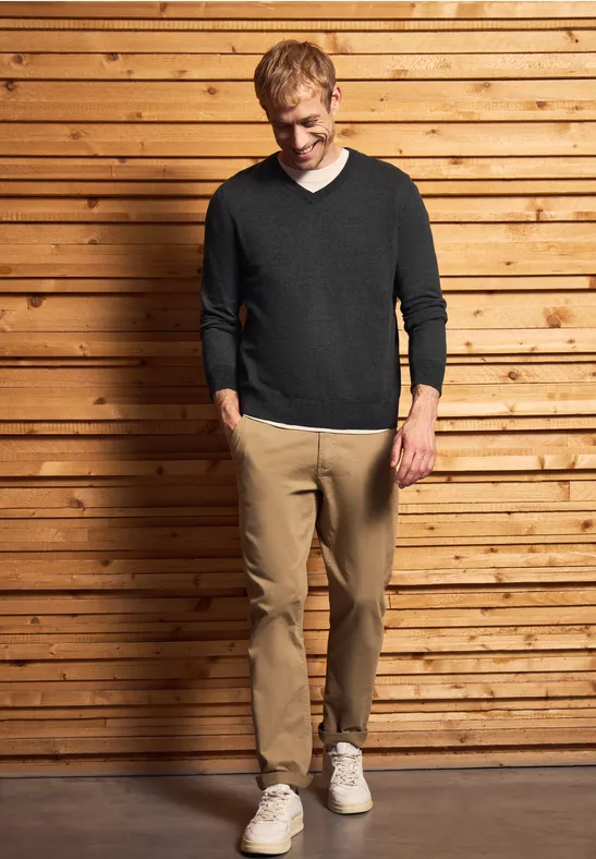 Basic V-Neck Strickpullover anthra grey melange