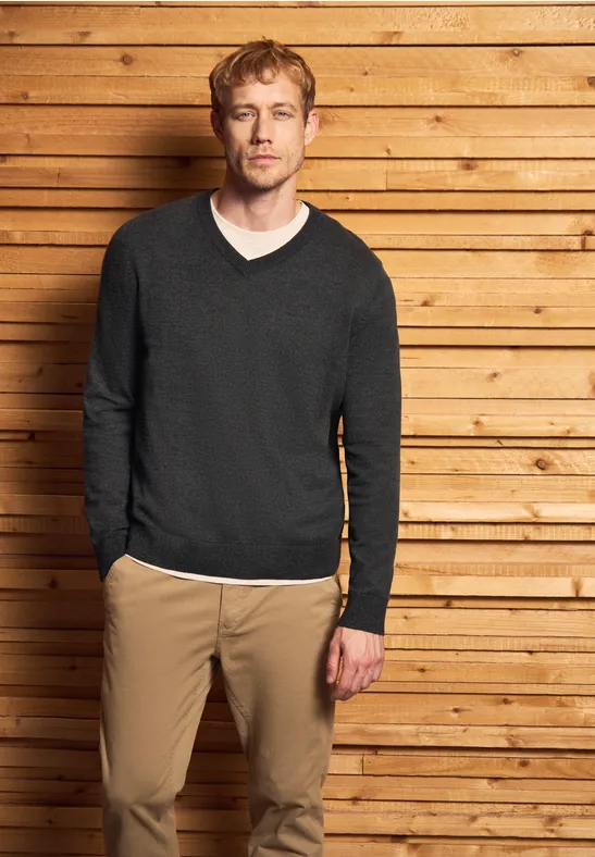 Basic V-Neck Strickpullover anthra grey melange