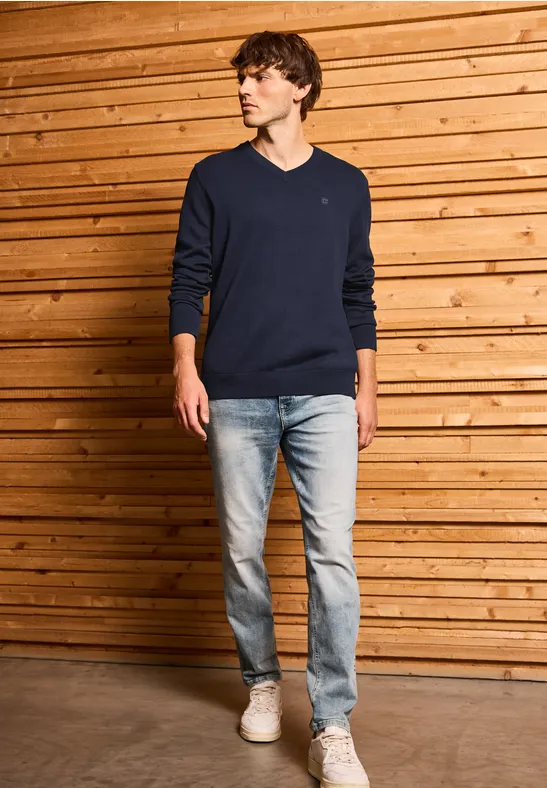 Basic V-Neck Strickpullover nightside blue