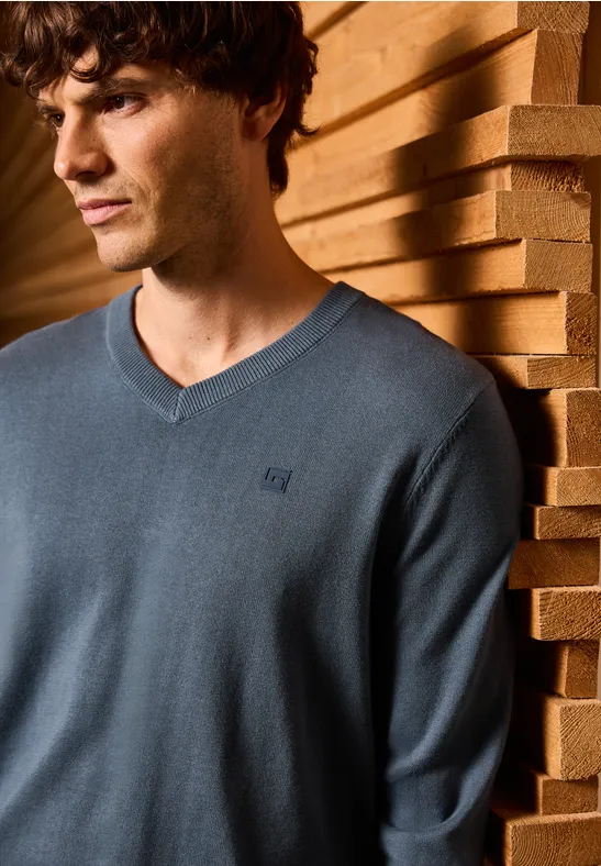 Basic V-Neck Strickpullover dusk blue