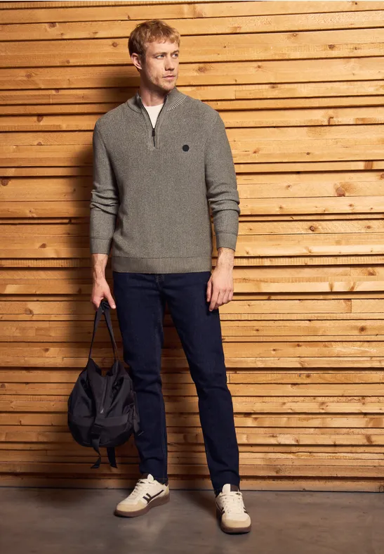 Katoenen trui met rits dull brown