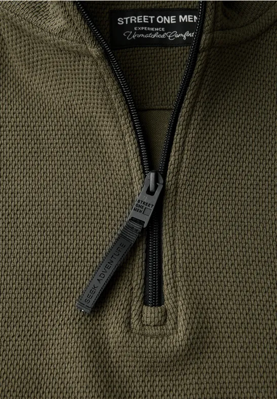 Strukturpullover mit Troyer vintage green