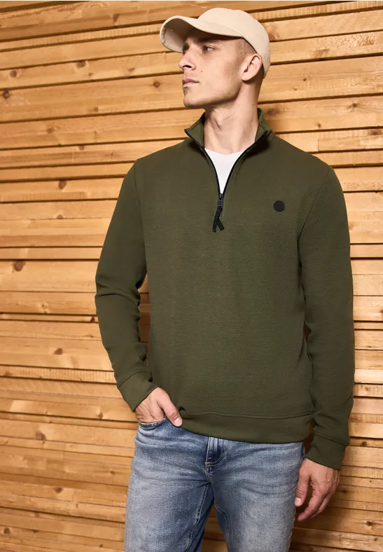 Strukturpullover mit Troyer vintage green