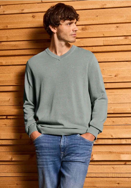 Basic V-Neck Strickpullover silver green