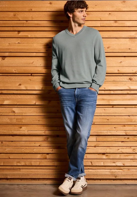 Basic V-Neck Strickpullover silver green