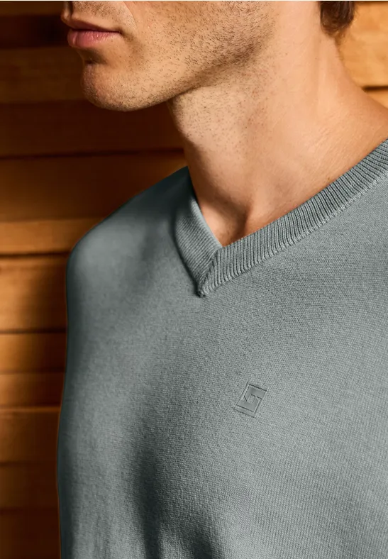 Basic V-Neck Strickpullover silver green