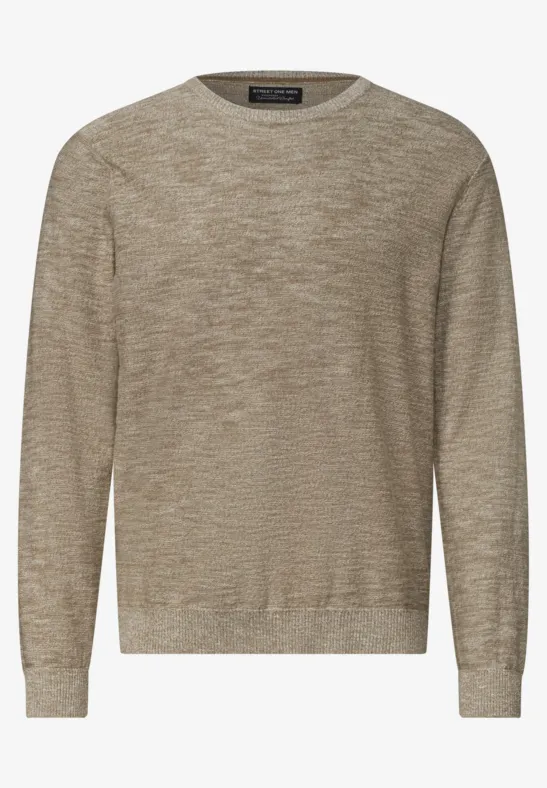 Hellbrauner melierter Rundhals-Pullover aus leichtem Strickstoff mit langen Ärmeln.