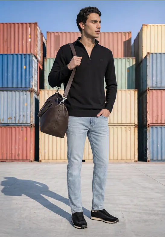 Ein Mann in schwarzem Polo, hellen Jeans und Leder-Tasche posiert vor bunten Frachtcontainern.