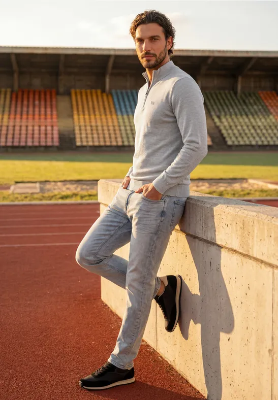 Een man in casual sportkleding leunt ontspannen tegen een stadionmuur naast de atletiekbaan.