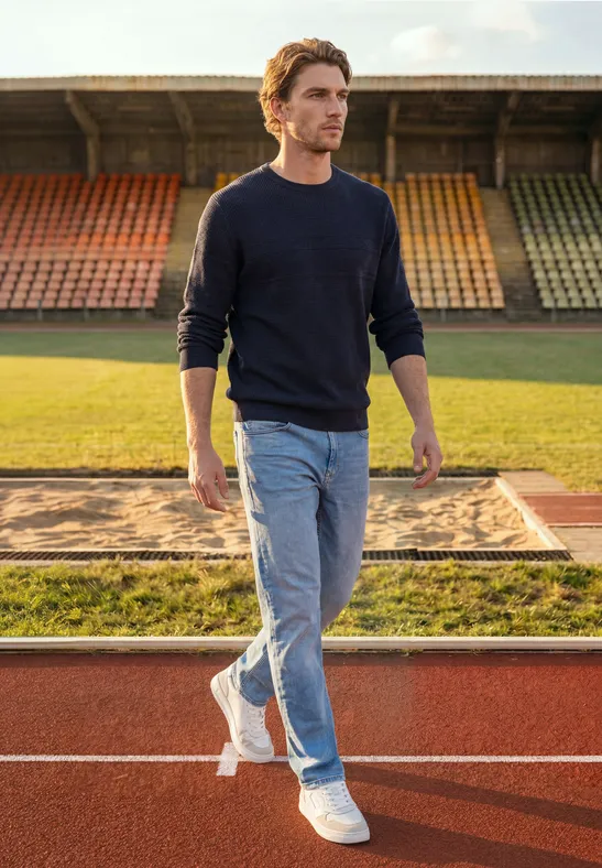 Ein Mann in Jeans und Pullover spaziert über eine Laufbahn im Stadion bei Tageslicht.