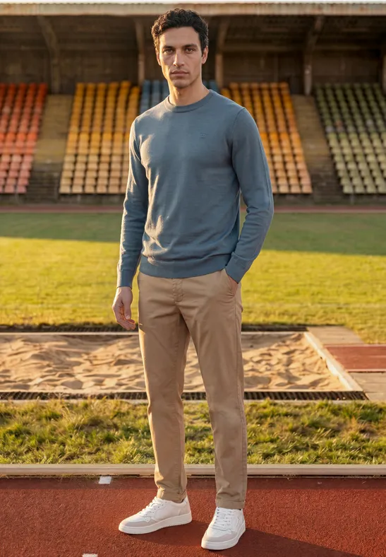 Ein Mann in grauem Pullover und beigen Hosen steht auf der Laufbahn vor leeren Tribünen.