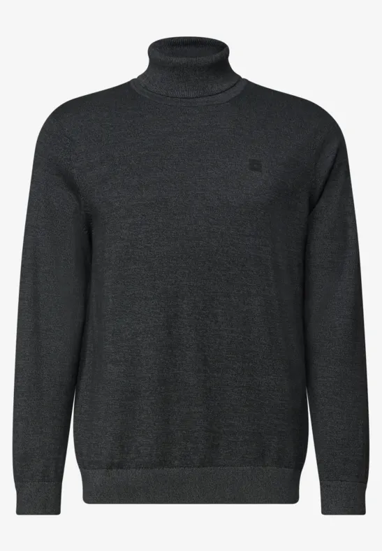 Grafitowy sweter z golfem z delikatnym logo, wykonany z cienkiej dzianiny.