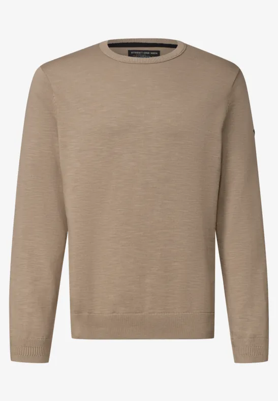 Beiger, langärmliger Pullover mit Rundhalsausschnitt aus feiner Strickware.