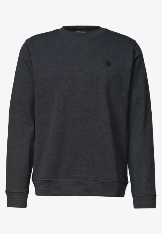 Dunkelgraues Baumwoll-Sweatshirt mit Rundhalsausschnitt und kleinem Logo auf der Brust.