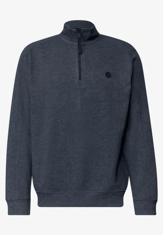 Dunkelgrauer Pullover mit halbem Reißverschluss und dezentem Brustlogo