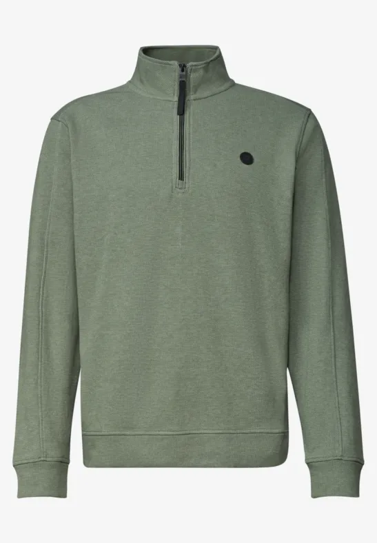 Olivgrüner Sweatpullover mit 1/4-Reißverschluss, Stehkragen, Rippbündchen und kleinem Logo-Patch.