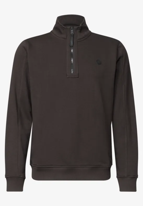 Dunkelbraunes Herren-Sweatshirt mit Stehkragen, halbem Reißverschluss und Rippbündchen.