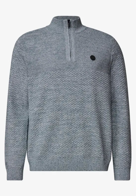 Grauer Strickpullover mit halbem Reißverschluss, Stehkragen und feiner Struktur.