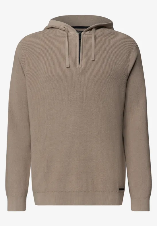 Schlichter, beiger Kapuzenpullover mit Kängurutasche und Kordelzug.