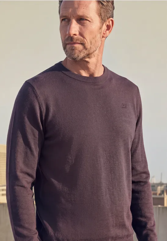 Mann mit dunkelgrauem Pullover vor neutralem Hintergrund.