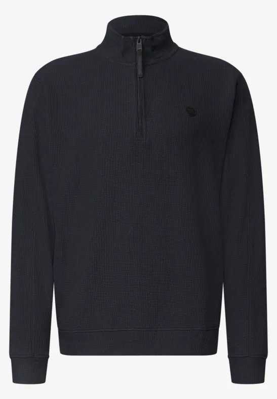 Schwarzer Langarm-Pullover mit hohem Kragen und Reißverschluss bis zur Brustmitte, unifarben, sportlich.