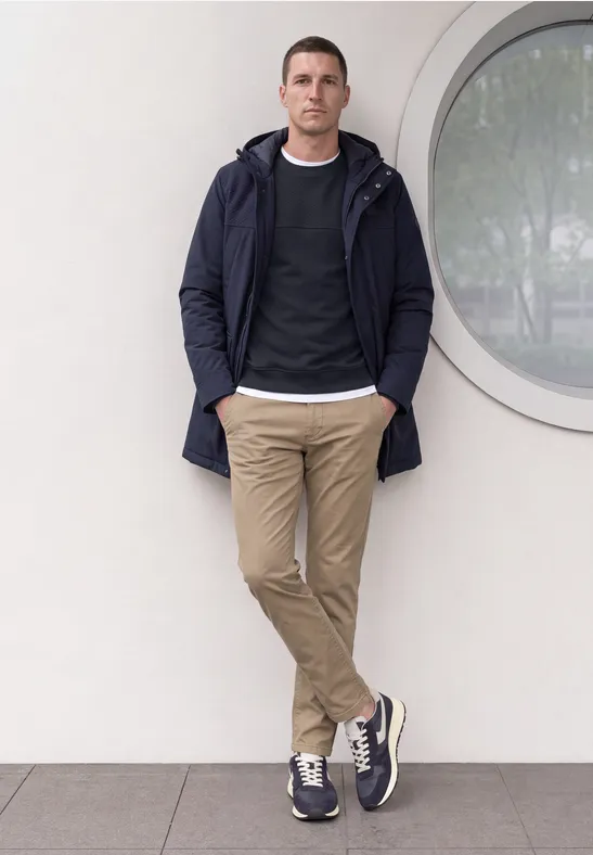 Ein Mann lehnt lässig an einer weißen Wand mit rundem Fenster und trägt Jacke, Pullover und Chinos.