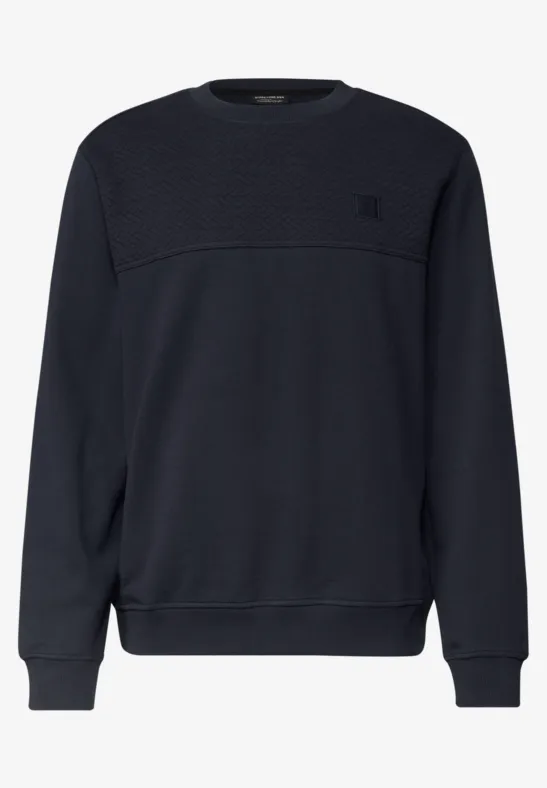 Dunkelblauer Pullover mit Rundhalsausschnitt und unifarbenem Design.