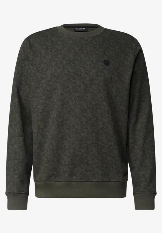 Dunkles Sweatshirt mit dezentem Monogramm-Alloverdruck, geripptem Rundhalsausschnitt und Bündchen.