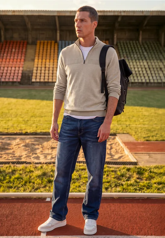 Junger Mann in Jeans und Pullover mit Rucksack steht auf der Stadion-Laufbahn neben dem Sandkasten.