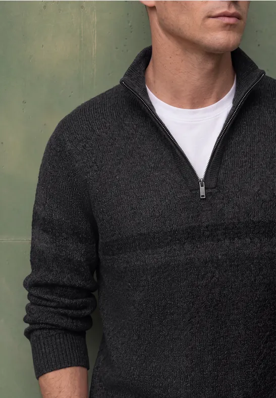 Mann im dunkelgrauen Strickpullover mit halbem Reißverschluss und weißem T-Shirt vor grünem Hintergrund.