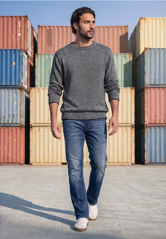 Ein Mann in legerem Outfit aus Pullover, Jeans und Turnschuhen steht vor bunten Containern.