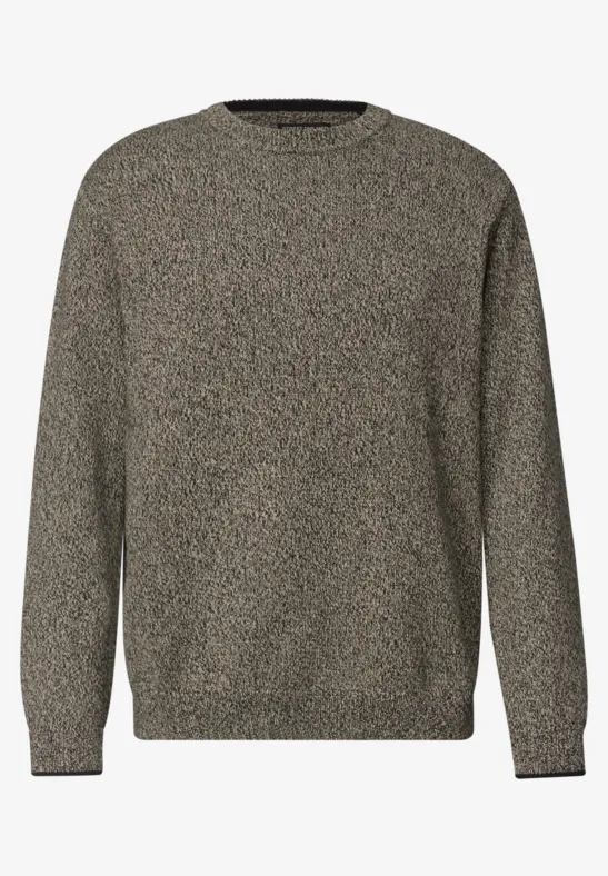 Grauer Pullover mit feinem Melange-Muster, Rundhalsausschnitt und langen Ärmeln.